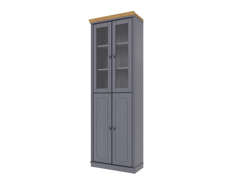 Estante Biblioteca 220 cm com duas portas de madeira e duas portas de vidro na cor cinza com cera | Coleção Biblioteca